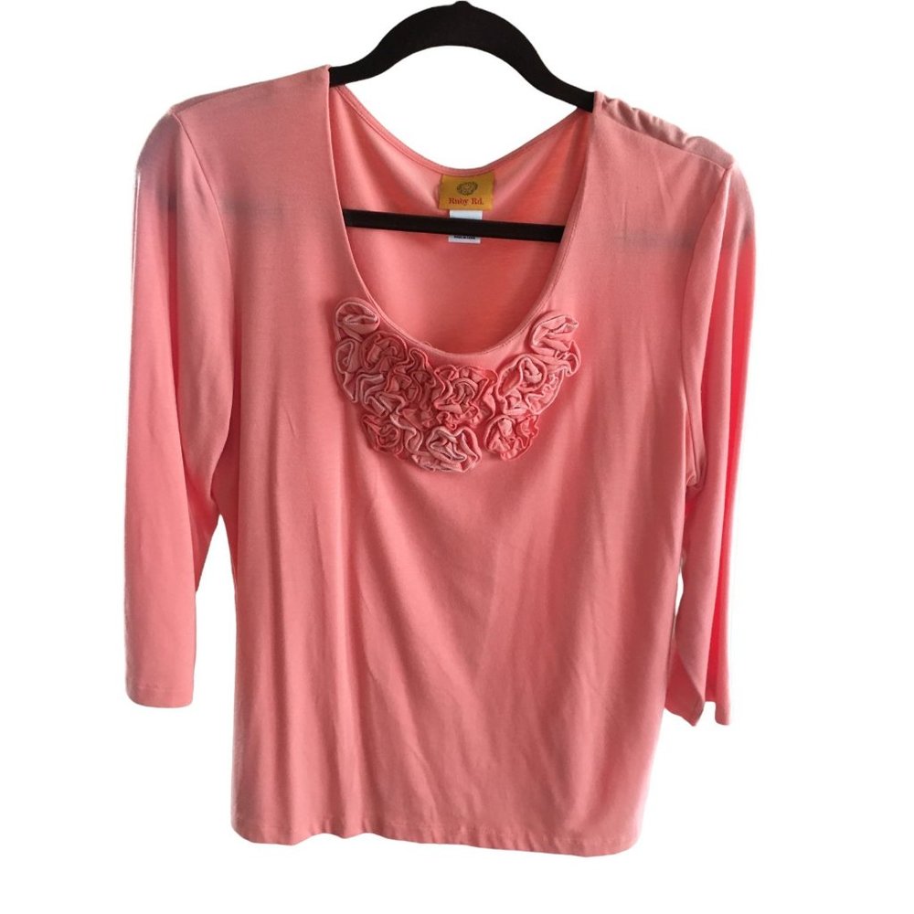 Ruby Rd Shirt Top Blouse Flower Texture Salmon Large 3/4 Sleeves Casual Comfort